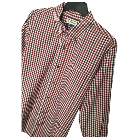 Magellan Outdoors Men's Loose Fit Long Sleeve Navy Burgundy Check Plaid Large - Picture 4 of 13
